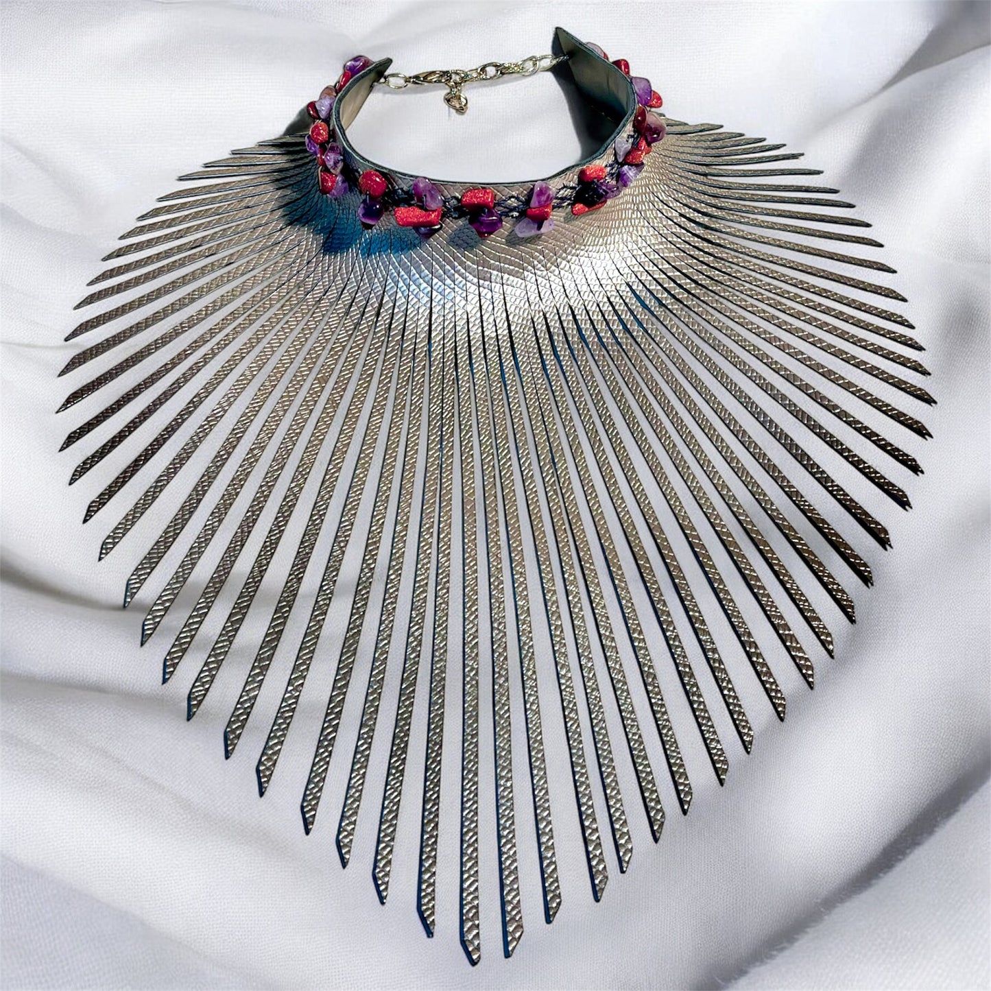 Pattern Embossed Silver Fringe Leather Choker Adorned with Amethyst and Gold Sand Stones