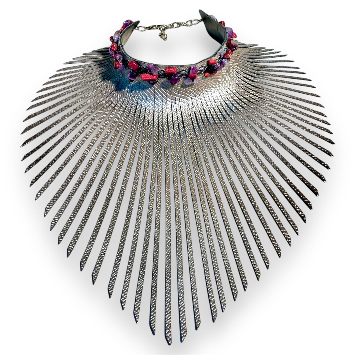 Pattern Embossed Silver Fringe Leather Choker Adorned with Amethyst and Gold Sand Stones