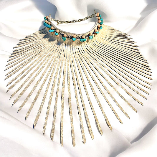 White and Cream Embossed Fringe Leather Choker Adorned With Turquoise Stones & Golden Crystal Beads