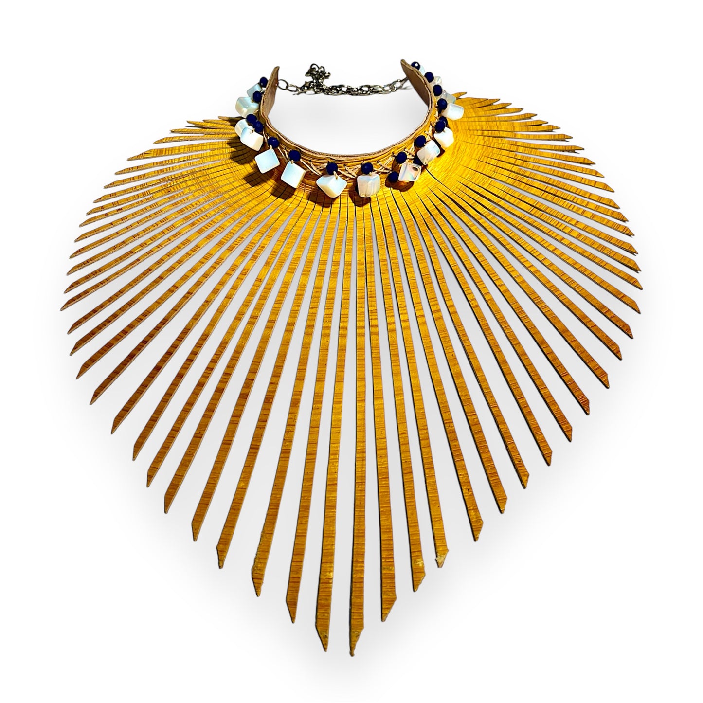 Yellow Embossed Fringe Leather Choker Adorned With Opel Gemstones and Blue Crystal Beads Beads..