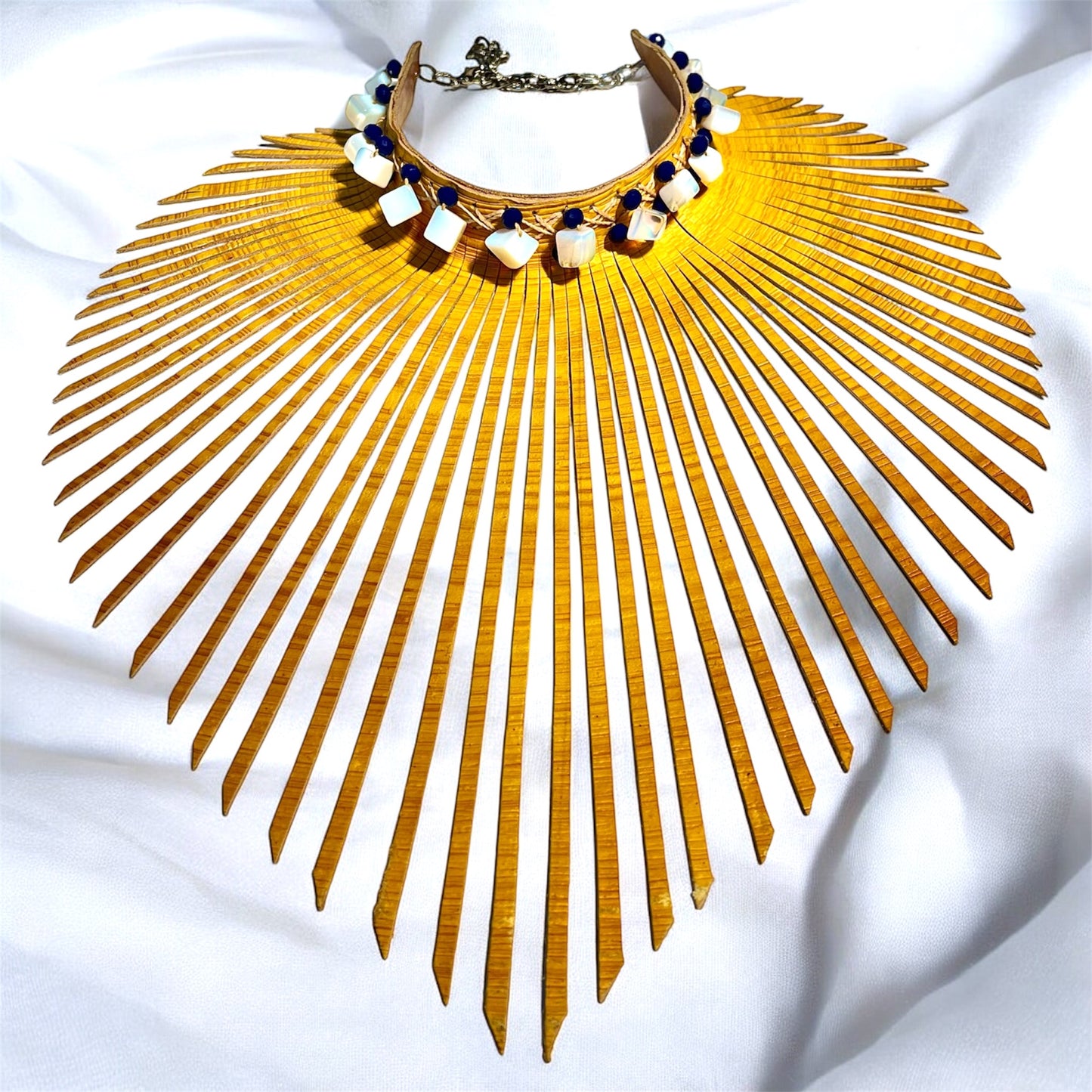 Yellow Embossed Fringe Leather Choker Adorned With Opel Gemstones and Blue Crystal Beads Beads..