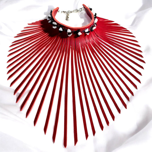 Red Leather Fringe Choker adorn With  and Clear Quartz Crystal Beads.