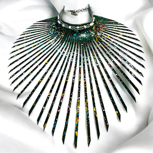 Green Leather Fringe Choker Artistic Colour Splashed  Adorned With Whit Stones & smoked Quartz Crystal Beads