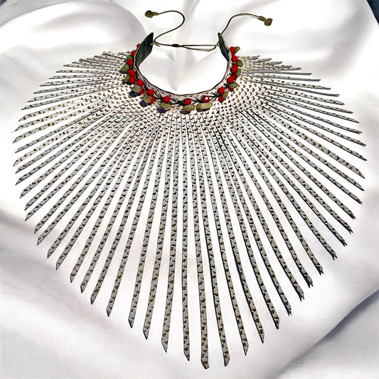 Gold And White Pattern Embossed Fringe Leather Choker Adorned with Stones and Red Quartz Crystal Beads