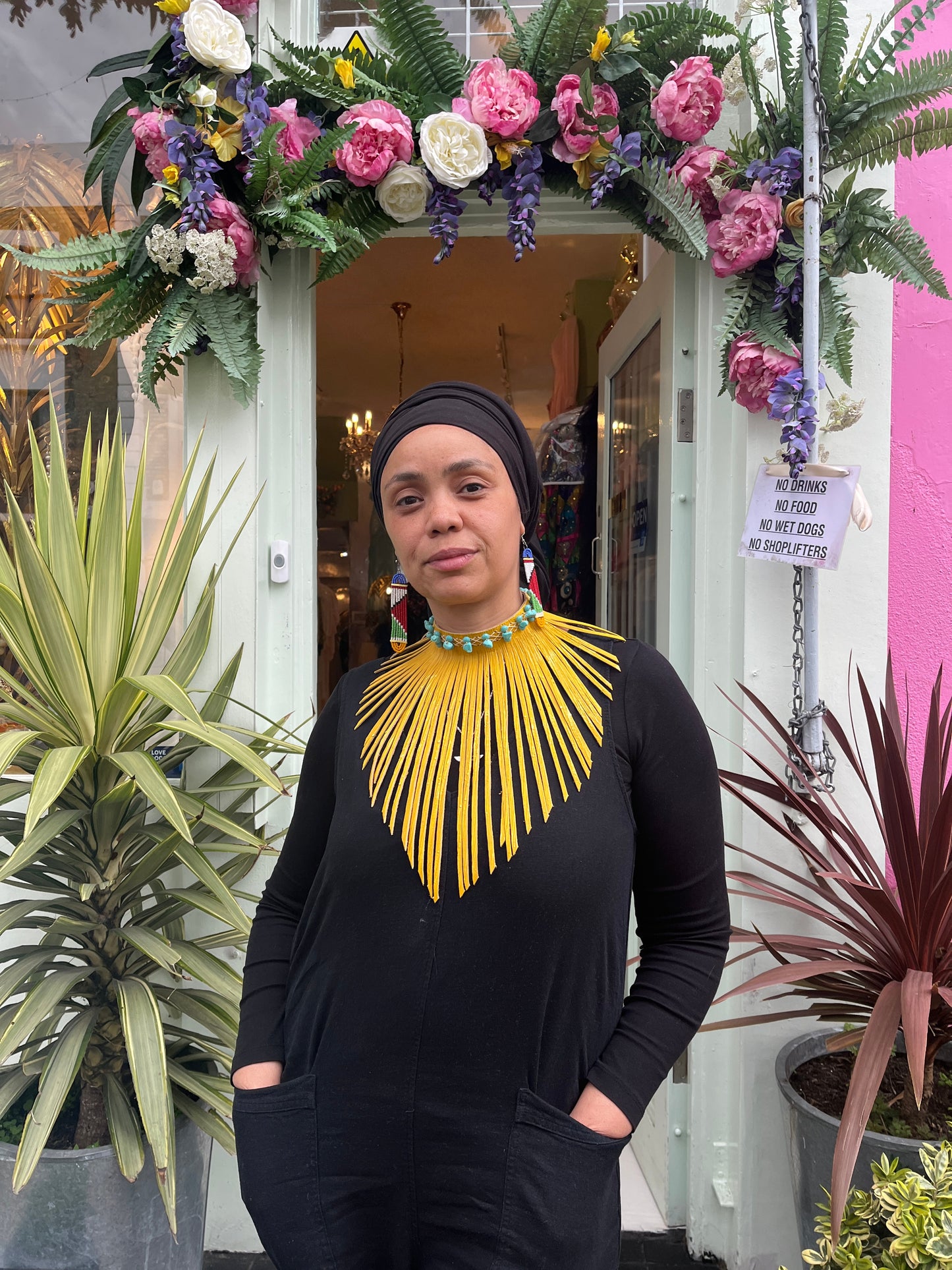 Yellow Embossed Fringe Leather Choker Adorned With Opel Gemstones and Blue Crystal Beads Beads..